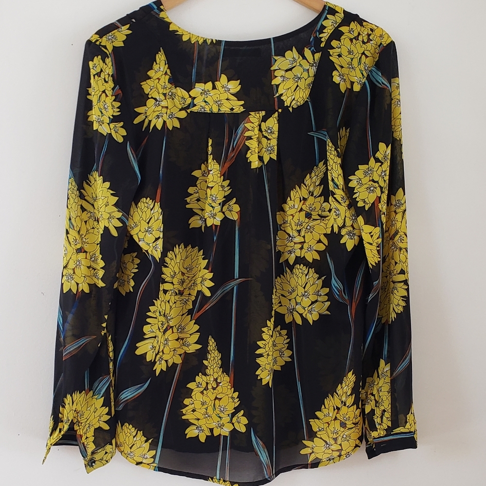 Urban Coco long sleeve sheer black Yello floral button blouse; Size small - Picture 9 of 16